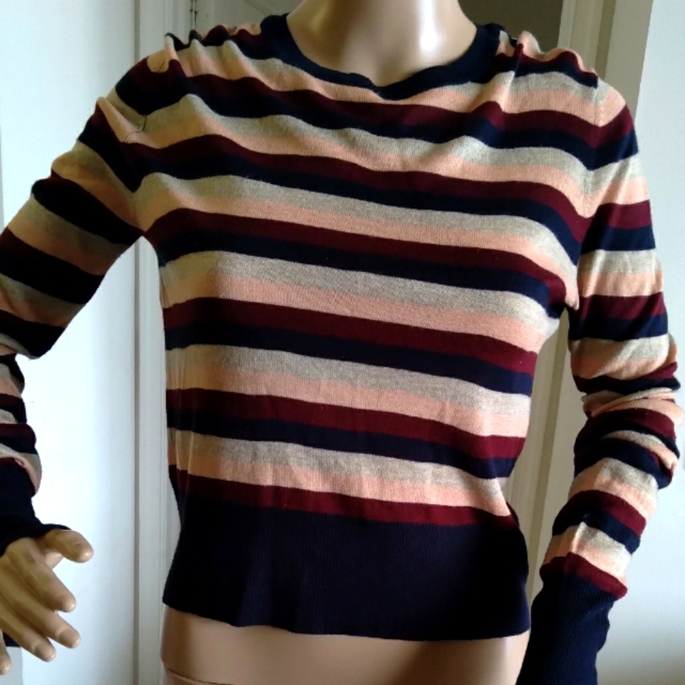 ZARA KNIT BLOUSE W/ STRIPES MULTI COLORS SZ. SM SLIT CUFFS PEACH BLACK GREY SOFT